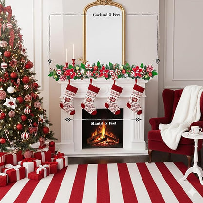 Holiday Tree Christmas Peppermint Garland 60” – Candy Cane Red & White Holiday Decor with Ornaments & Greenery, Handmade Festive Mantel Garland for Staircase, Doorway & Tabletop Decoration