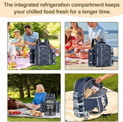 Picnic Backpack for 2 Persons with Insulated Leakproof Cooler Compartment, Cutlery Sets, Wine Holder, Fleece Blanket, Wedding Gifts for Couples, Perfect for Beach, Camping, Hiking, Blue