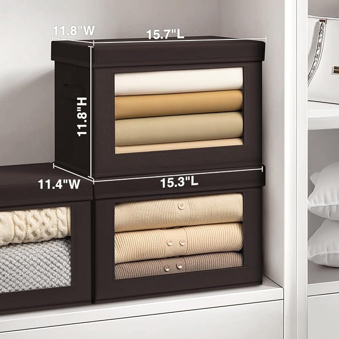 Stackable Storage Bins with Lids - Large Storage Box with Lids, Foldable Closet Boxes for Organizing, Wardrobe Clothes Organizer with Window, Cubes Bins for Living Room, 4 Pack, Brown