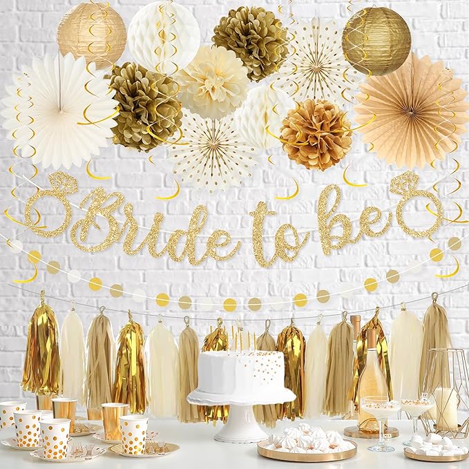 Roetyce Bachelorette Party Decorations, Gold Glitter Bride to Be Banner Paper Fans Pompoms Kit, Women Bridal Shower Party Supplies, Wedding Paper Lanterns Streamers Garland Photo Backdrop Background