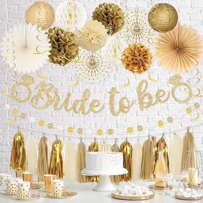 Roetyce Bachelorette Party Decorations, Gold Glitter Bride to Be Banner Paper Fans Pompoms Kit, Women Bridal Shower Party Supplies, Wedding Paper Lanterns Streamers Garland Photo Backdrop Background