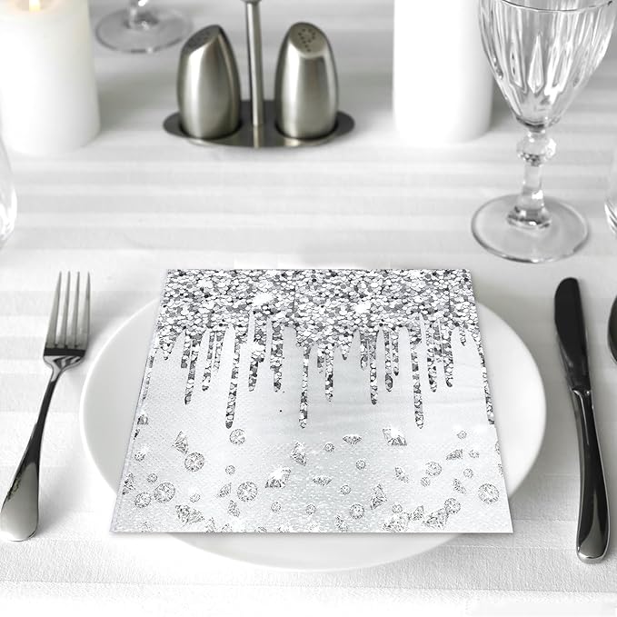 100PCS Silver Party Paper Napkins Happy Birthday Supplies Glitter Decorations Silver Diamond Theme Disposable Paper Lunch Napkins for Adults Kids Birthday Wedding Bridal Shower Favors