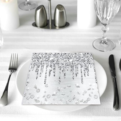 100PCS Silver Party Paper Napkins Happy Birthday Supplies Glitter Decorations Silver Diamond Theme Disposable Paper Lunch Napkins for Adults Kids Birthday Wedding Bridal Shower Favors