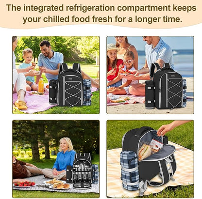 Picnic Backpack for 4 Persons with Insulated Leakproof Cooler Compartment, Cutlery Sets, Wine Holder, Fleece Blanket, Wedding Gifts for Couples, Perfect for Beach, Camping, Hiking, Black