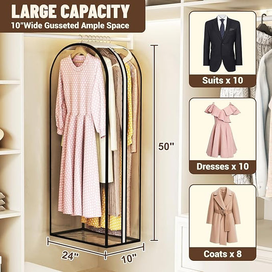 Garment Bags for Hanging Clothes 50” Long, Ultra Clear Suit Bags for Closet Storage, Moving Organization, Travel Covers with 10" Gussets for Coat, Dress, Shirt and Sweater - 2 PCS