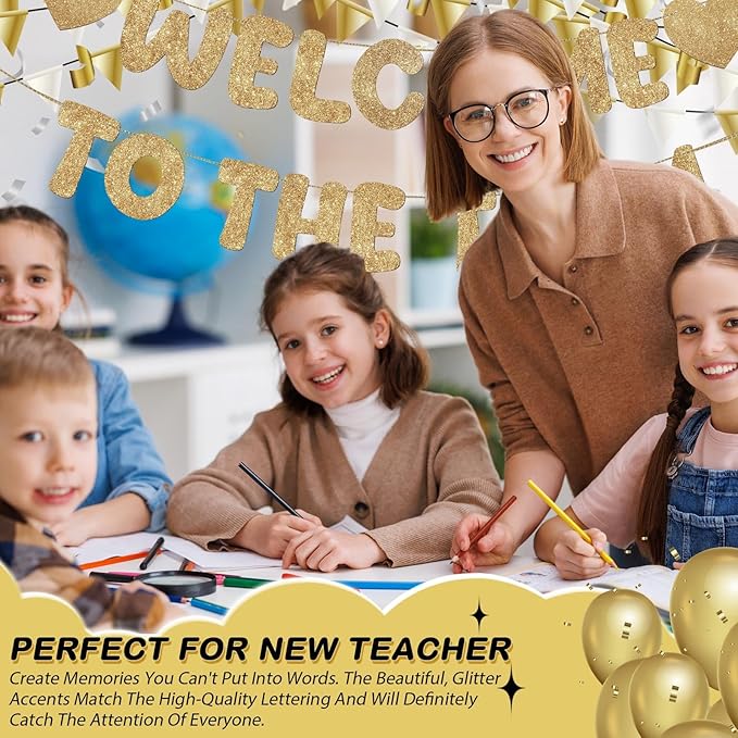 Fulmoon Pre Strung Welcome to The Team Banner with Two Heart Signs, NO DIY, Glitter Welcome Party Supplies for New Employee, Coworker, Colleague, Staff, Team Member Office Decorations(Champagne Gold)