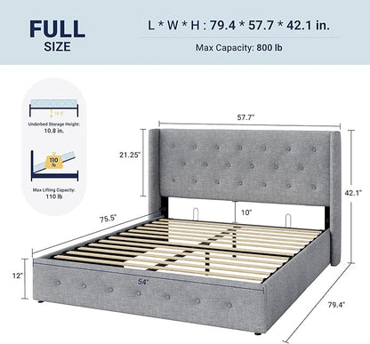 Allewie Full Size Lift Up Storage Bed, Button Tufted Headboard with Wingback, Hydraulic Support, No Box Spring Needed, Light Grey
