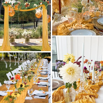 12 Pack Gold Cheesecloth Table Runner Fall Thanksgiving 35x120 Inch Mustard Yellow Cheese Cloth Runner 10FT Boho Rustic Gauze Table Runner for Wedding Party Baby Shower Birthday Decor