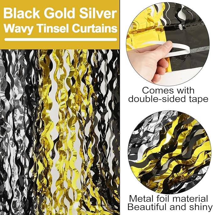 4 Pack Black Gold Silver Fringe Curtain Backdrop 3.2Ft x 8.2Ft Metallic Tinsel Foil Fringe Streamers Background for Photo Booth Mother's Day, Easter, Carnival, Birthday, Wedding Party Decoration