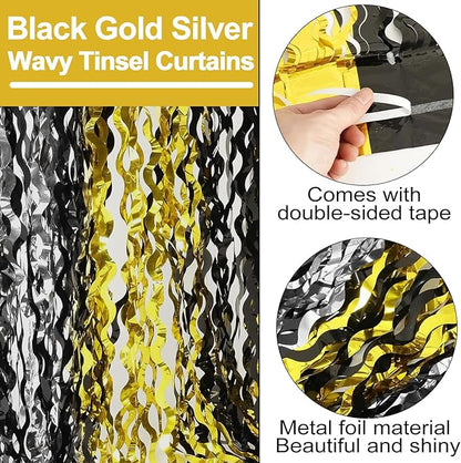 4 Pack Black Gold Silver Fringe Curtain Backdrop 3.2Ft x 8.2Ft Metallic Tinsel Foil Fringe Streamers Background for Photo Booth Mother's Day, Easter, Carnival, Birthday, Wedding Party Decoration