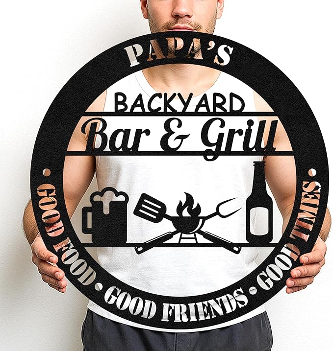 Custom Backyard BBQ Metal Sign, Personalized Grill Cut Name Wall Decor for Patio Dining Area, Rustic Outdoor Gift
