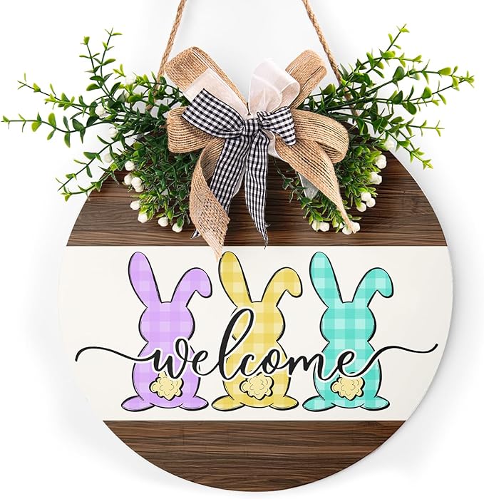 Happy Easter Sign 12X12 Inch Easter Bunny Rabbit Sign Easter Decorations Door Hanger for Outdoor Outside Porch Spring Easter Wood Plaque Round Easter Welcome Sign for Home Farmhouse Porch Wall Indoor