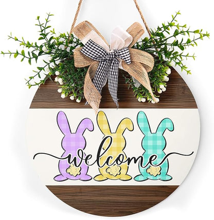 Happy Easter Sign 12X12 Inch Easter Bunny Rabbit Sign Easter Decorations Door Hanger for Outdoor Outside Porch Spring Easter Wood Plaque Round Easter Welcome Sign for Home Farmhouse Porch Wall Indoor