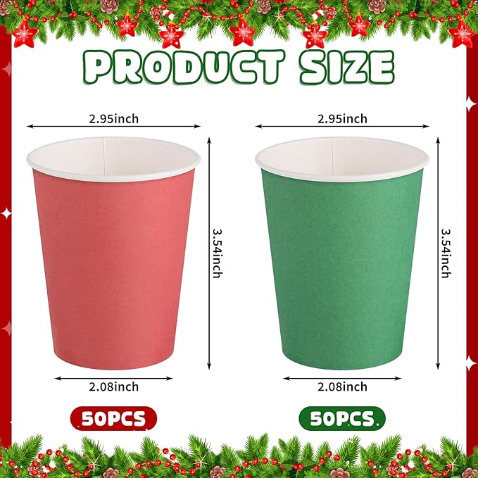 100 Pack Red Green Paper Cups, 9oz Christmas Party Cups Bulk Paper Cups, Disposable Drinking Cups for Birthday Holiday Christmas Party Supplies, 2 Colors