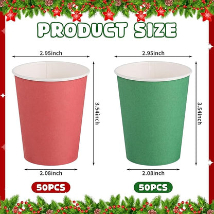 100 Pack Red Green Paper Cups, 9oz Christmas Party Cups Bulk Paper Cups, Disposable Drinking Cups for Birthday Holiday Christmas Party Supplies, 2 Colors