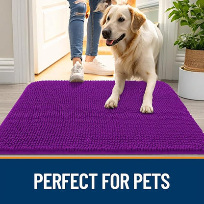 OLANLY Dog Door Mat for Muddy Paws 59x35, Absorbs Moisture and Dirt, Absorbent Non-Slip Washable Doormat, Quick Dry Chenille Mud Mat for Dogs, Entry Indoor Entryway Carpet for Inside Floor, Purple