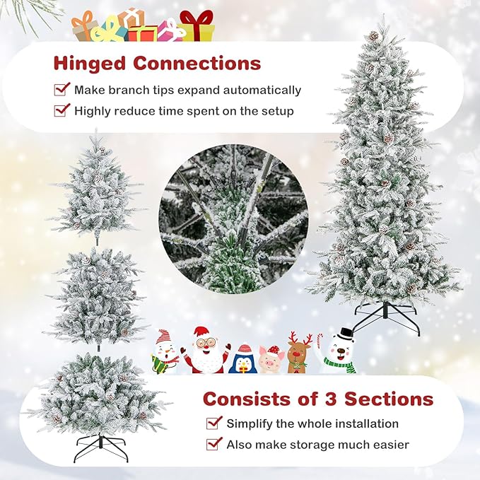 GOFLAME 6FT Pre-Lit Christmas Tree Snow Flocked, Hinged Artificial Xmas Tree with 715 Branch Tips, 36 Natural Pine Cones & 210 Warm White Incandescent Lights, Holiday Decoration Tree for Home Office