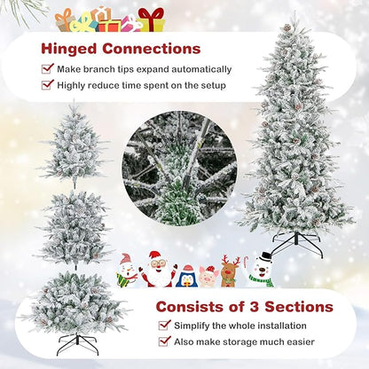 GOFLAME 6FT Pre-Lit Christmas Tree Snow Flocked, Hinged Artificial Xmas Tree with 715 Branch Tips, 36 Natural Pine Cones & 210 Warm White Incandescent Lights, Holiday Decoration Tree for Home Office