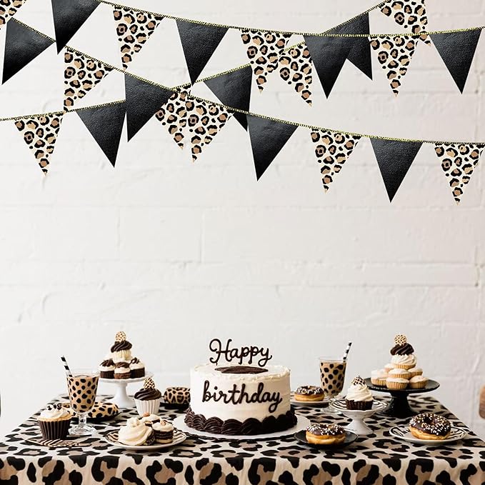 Leopard Black Pennant Banner Flag Hanging Paper Triangle Bunting for Cheetah Leopard Print Animal Theme Leopard Birthday Baby Shower Bachelorette Bridal Shower Wedding Party Decorations Supplies