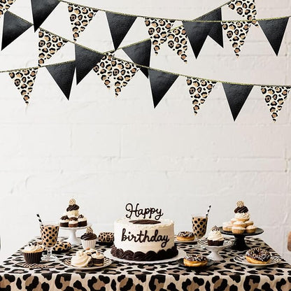 Leopard Black Pennant Banner Flag Hanging Paper Triangle Bunting for Cheetah Leopard Print Animal Theme Leopard Birthday Baby Shower Bachelorette Bridal Shower Wedding Party Decorations Supplies