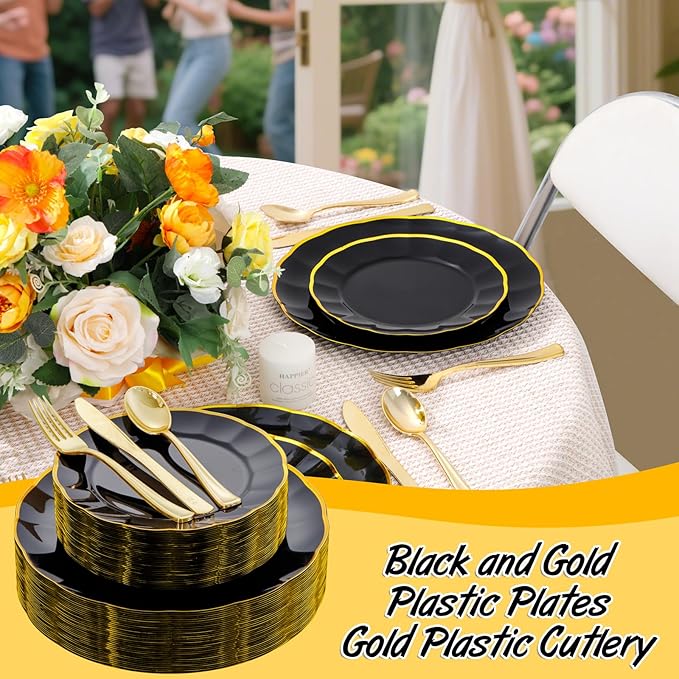 EI 150pcs Black Plastic Plates,Black and Gold Fancy Plate,Gold Plastic Silverware,Black and Gold Dinnerware Set,Premiun Heavy Duty Taleware,Perfect for Party,Wedding,Christmas,New Year
