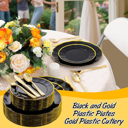 EI 150pcs Black Plastic Plates,Black and Gold Fancy Plate,Gold Plastic Silverware,Black and Gold Dinnerware Set,Premiun Heavy Duty Taleware,Perfect for Party,Wedding,Christmas,New Year