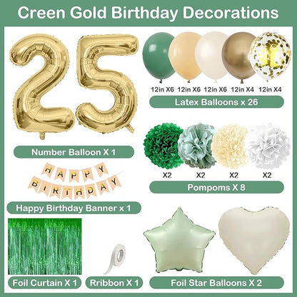 Sage Green 25th Birthday Decorations for Him Gold Number 25 Balloon Nude Gold Happy Birthday Banner Fringe Curtain Paper Pom Poms Olive Green Cream White Sand Star Foil Balloons Party Decor