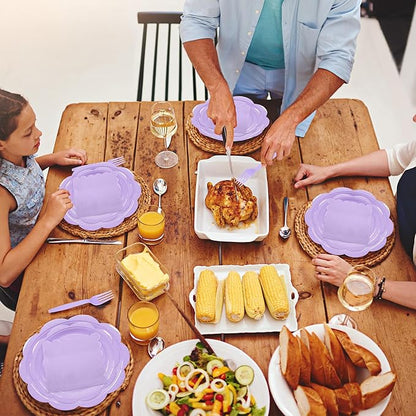 96 Pcs Purple Paper Plates and Napkins Set Party Supplies, Tableware set for 24 Guest include Disposable Purple Scalloped Plates, Napkins and Forks for Baby Shower Bridal Shower Wedding