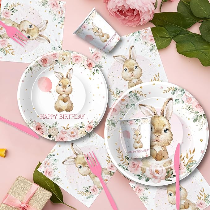 APOWBLS Bunny Birthday Decorations Tableware, Bunny Party Supplies, Paper Plate, Cup, Napkin, Tablecloth, Cutlery, Rabbit Bunny Party Decorations For Easter 1st 2nd Birthday, Serves 24