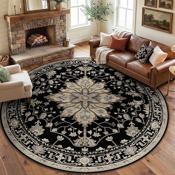 Area Rugs 8ft Washable Non-Slip, Floral Vintage Distress Print Pattern Medallion Carpet for Living Room Bedroom Dining Room, Black Brown Neutral Dark Tan