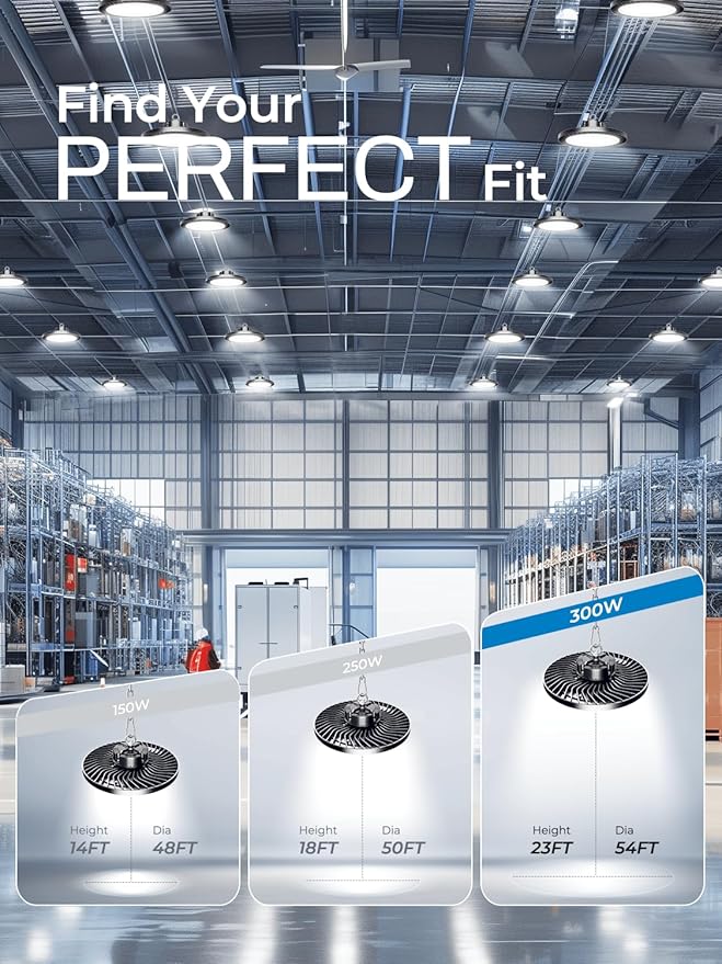 300W UFO Led High Bay Light| 5000K 45000LM High Bay Led Shop Lights with 5ft Cable Hanging Hook Safe Rope| Shop Light & Garage Lighting Lights for Factory Workshop Warehouse Garage Barn