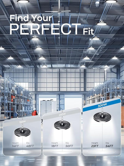 300W UFO Led High Bay Light| 5000K 45000LM High Bay Led Shop Lights with 5ft Cable Hanging Hook Safe Rope| Shop Light & Garage Lighting Lights for Factory Workshop Warehouse Garage Barn