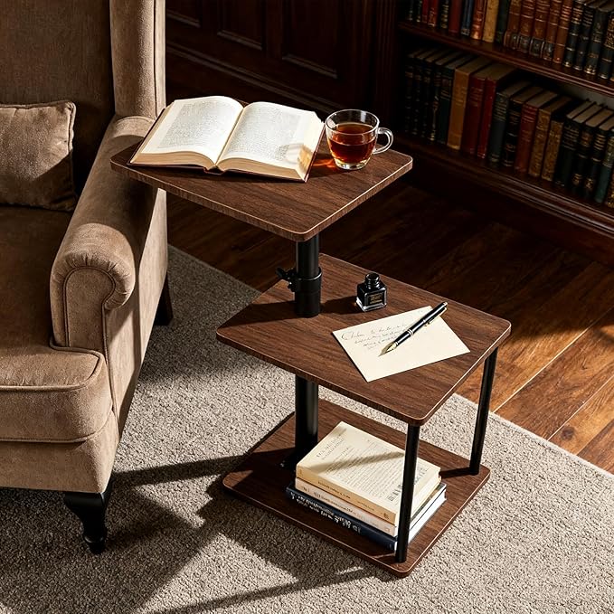 Swivel Side Table for Couch Arm, Height Adjustable C Shaped End Table for Recliner or Bed, Tv Trays with Storage Shelf for Small Spaces- Small Nightstand for Living Room, Bedroom