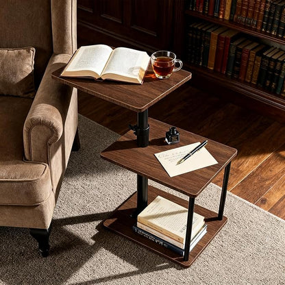 Swivel Side Table for Couch Arm, Adjustable C End Table for Recliner or Bed, Tv Trays with Storage Shelf for Small Spaces Small Nightstand Table for Living Room, Bedroom，Walnut 2pc