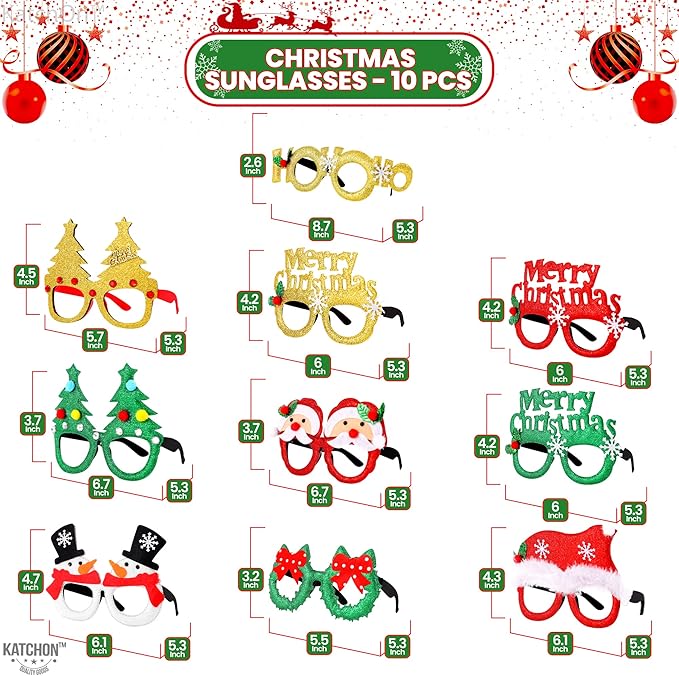 KatchOn, Glitter Christmas Photo Booth Props - Pack of 10 | Christmas Party Decorations | Xmas Party Favors for Kids | Santa Eyeglasses, Xmas Decorations