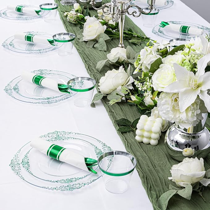 Hioasis 175pcs Clear Green Plastic Plates - Elegant Disposable Dinnerware Set Suitable for 25 Guests Include 10.25" Dinner & 7.5" Dessert Plates, Pre Rolled Silverware Set, Cups for Party & Christmas