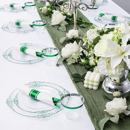 Hioasis 175pcs Clear Green Plastic Plates - Elegant Disposable Dinnerware Set Suitable for 25 Guests Include 10.25" Dinner & 7.5" Dessert Plates, Pre Rolled Silverware Set, Cups for Party & Christmas