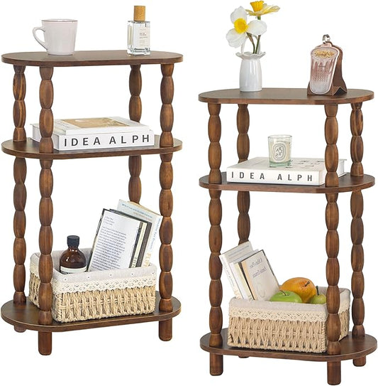 MaxSmeo Narrow Side Table Set of 2, 3-Tier Narrow End Table Living Room Set of 2 with Storage, Skinny Side Table Nightstand for Small Space, Bedrooms, Living Room (Rustic Brown)