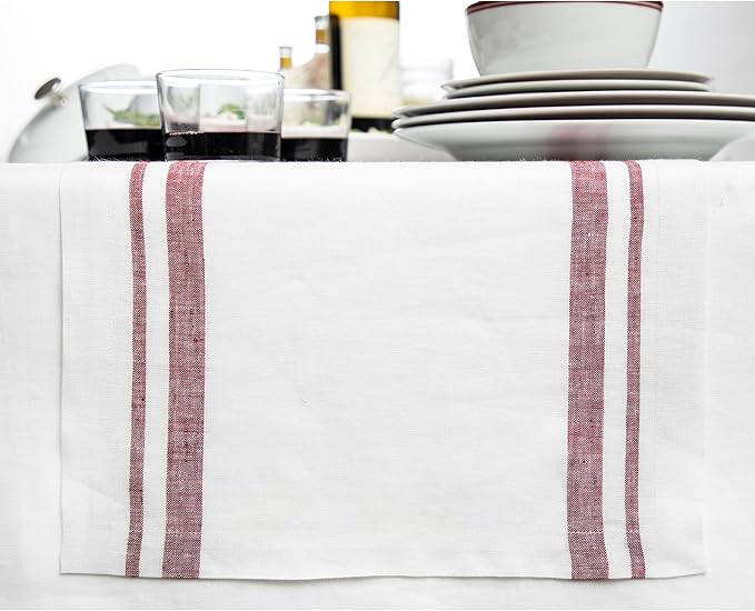 Solino Home Linen Table Runner 108 Inches Long - French Stripe, 100% Pure Linen Burgundy and White Farmhouse Table Runner 16 x 108 Inch Ideal for Dining, Fall, Autumn