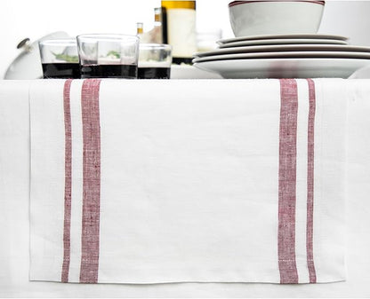 Solino Home Linen Table Runner 108 Inches Long - French Stripe, 100% Pure Linen Burgundy and White Farmhouse Table Runner 16 x 108 Inch Ideal for Dining, Fall, Autumn
