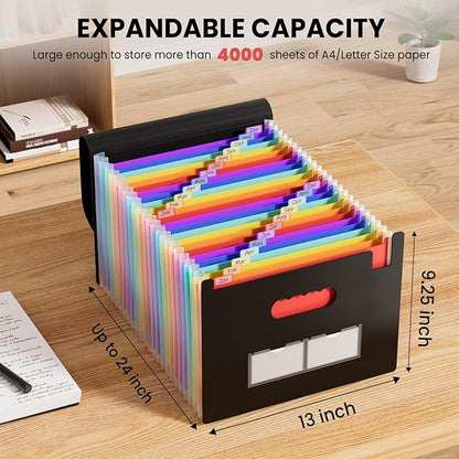 Sooez 24 Pockets Expanding File Folder with Blank Labels, According File Organizer with Expandable Cover, Desktop Accordion Folders Letter A4 Paper Document Storage Organizer, Blue