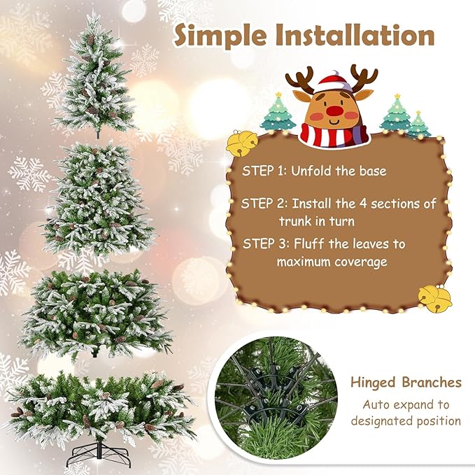 GOFLAME 9FT Pre-Lit Artificial Christmas Tree, Snow Flocked Xmas Tree with 1871 Branch Tips, 690 Warm White LED Lights, 117 Pine Cones, Holiday Decoration Tree for Home Office Party