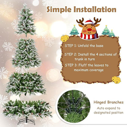 GOFLAME 9FT Pre-Lit Artificial Christmas Tree, Snow Flocked Xmas Tree with 1871 Branch Tips, 690 Warm White LED Lights, 117 Pine Cones, Holiday Decoration Tree for Home Office Party