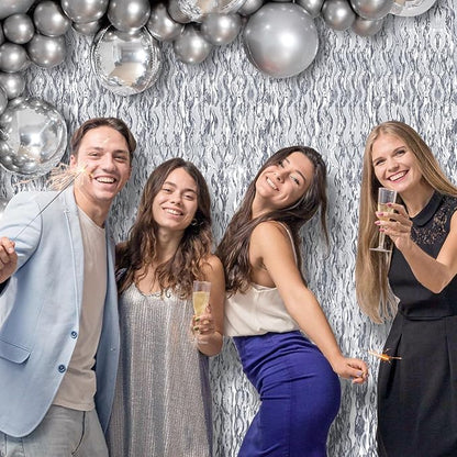 2 Pack 3.2x6.5 Feet Wavy Silver Foil Curtain Backdrop Metallic Tinsel Foil Fringe Curtains Photo Booth Props for Birthday Bachelorette Wedding Engagement Baby Shower Disco Party Decorations