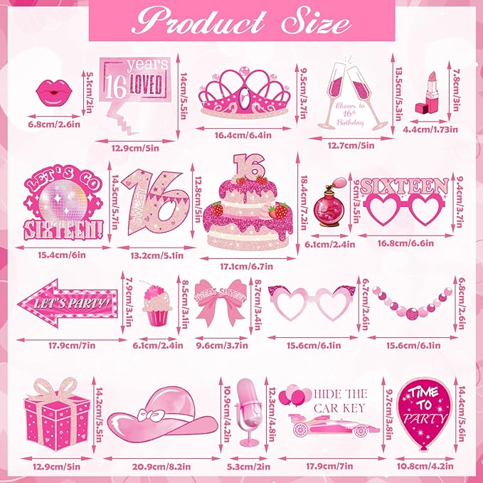 16th Birthday Party Photo Booth Props, Hot Pink Photo Booth Props for Girls 16th Birthday, Sweet Sixteen 16th Happy Birthday Party Decorations Supplies Favors