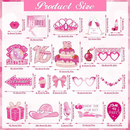 16th Birthday Party Photo Booth Props, Hot Pink Photo Booth Props for Girls 16th Birthday, Sweet Sixteen 16th Happy Birthday Party Decorations Supplies Favors