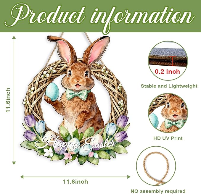 Kercan Easter Bunny Door Sign, Happy Easter Eggs Wooden Hanging Decorations Hanging Plaque Bunny Rabbit Sign Wall Hanger Floral Spring Decor for Front Door Porch Yard Wall Home Decorations