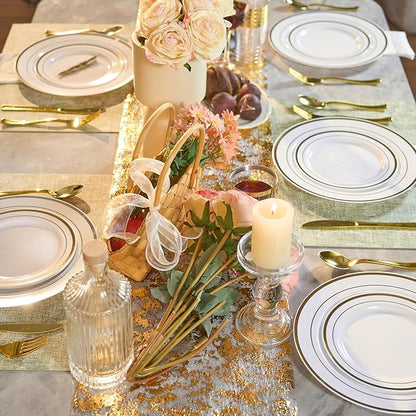 350 Pieces Gold Disposable Plates for 50 Guests, Disposable Plastic Plates for Party, Wedding, Dinnerware Set of 50 Dinner Plates, 50 Salad Plates,50 Cups and 50 Paper Napkins, Gold