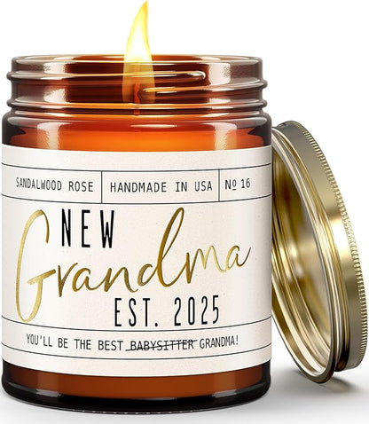 New Grandma Gifts First Time - 'New Grandma 2025' Candle, w/Sandalwood Rose I First Time Grandma Gifts I Promoted to Grandma Announcement I Grandma to Be I New Grandmother Gift I 50hr Burn, USA Made