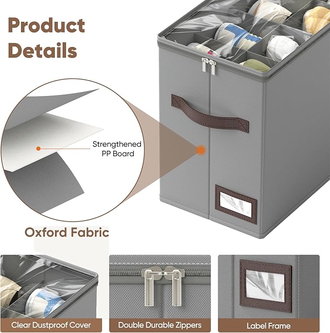 OIAHOMY 2 Pack Shoe Organizer for Closet, Foldable Shoe Storage Bins with Adjustable Dividers, Stackable Oxford Cloth Sneaker Boxes for Entryway Bedroom, Fits Up to 16 Pairs, Grey